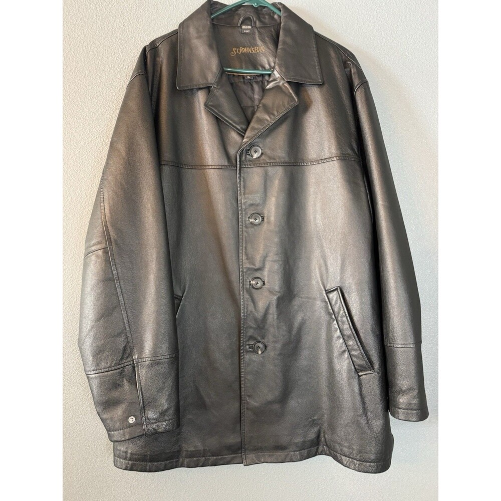 Vintage St Johns Bay XL Genuine Leather Car Coat Black Quilted Lined Jacket